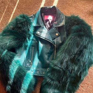 Azalea Wang Nolla Crop Green Croc and Faux Fur moto jacket